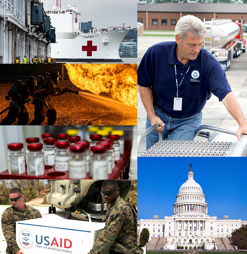 A photo montage showing various medical, firefighting and governmental support